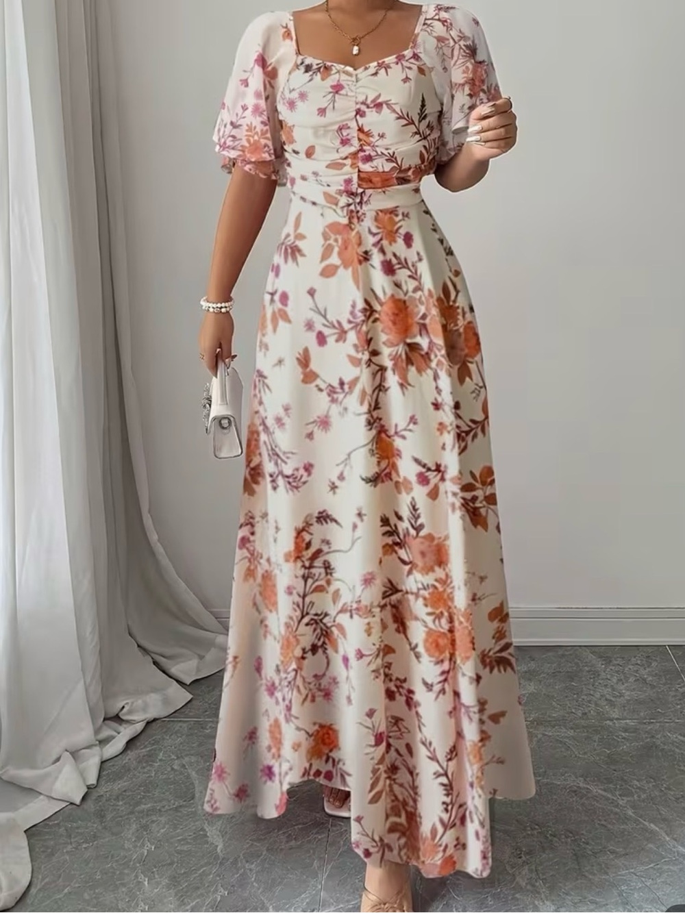 Floral Puff-Sleeve Maxi Dress - Cream Floral